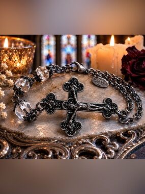 Alexa’s Angels Gothic Cross Bracelet Black Rosary Crystal Catholic Core